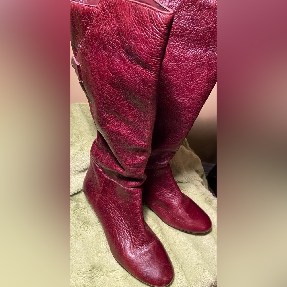 Womens Boots Brand STEVEN Steve Madden IDEN Leather Wedge Heel Knee High 8 Burg